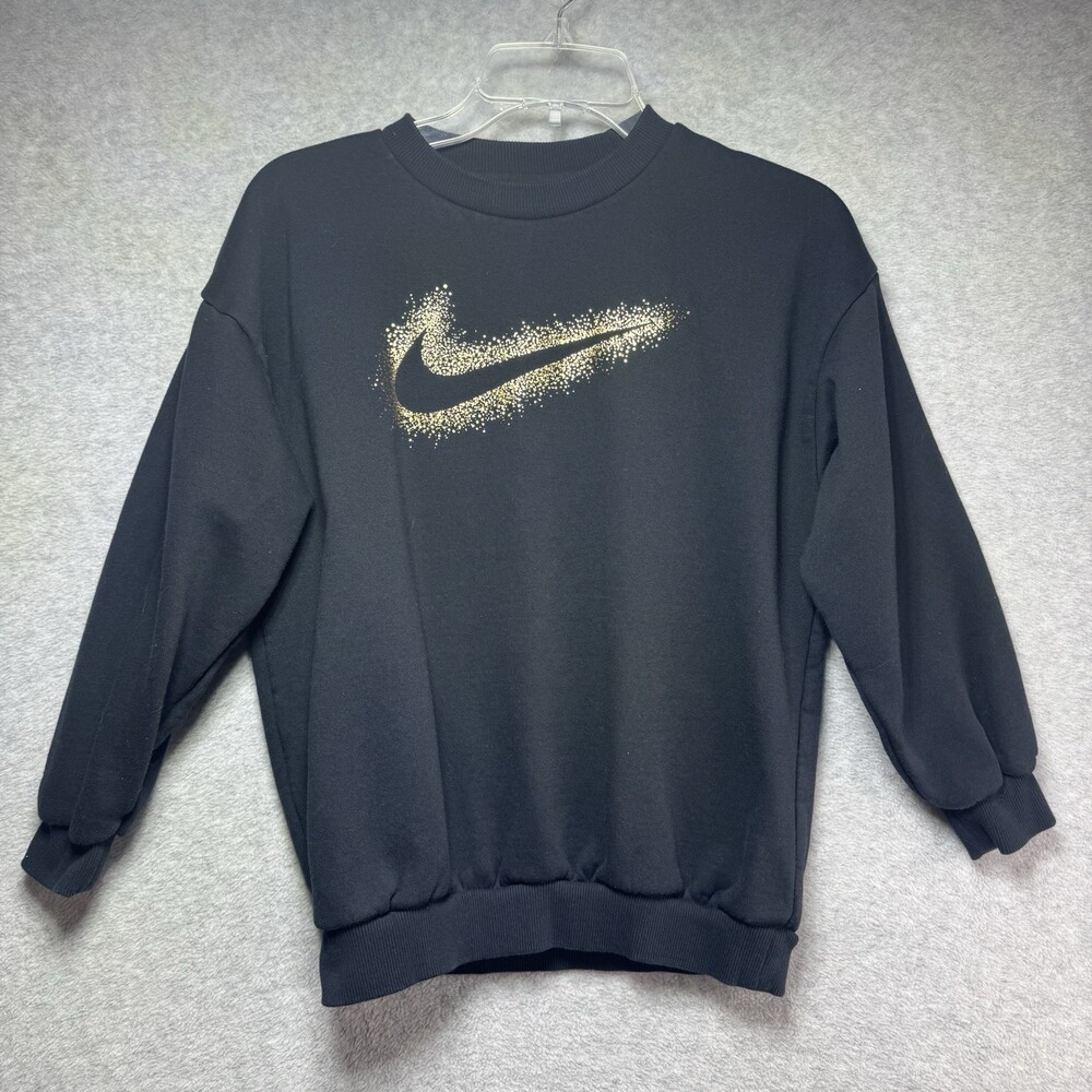 Nike Sweatshirt Youth M Girls Black W/ Gold Glitter Nike Logo Swoosh Crewneck